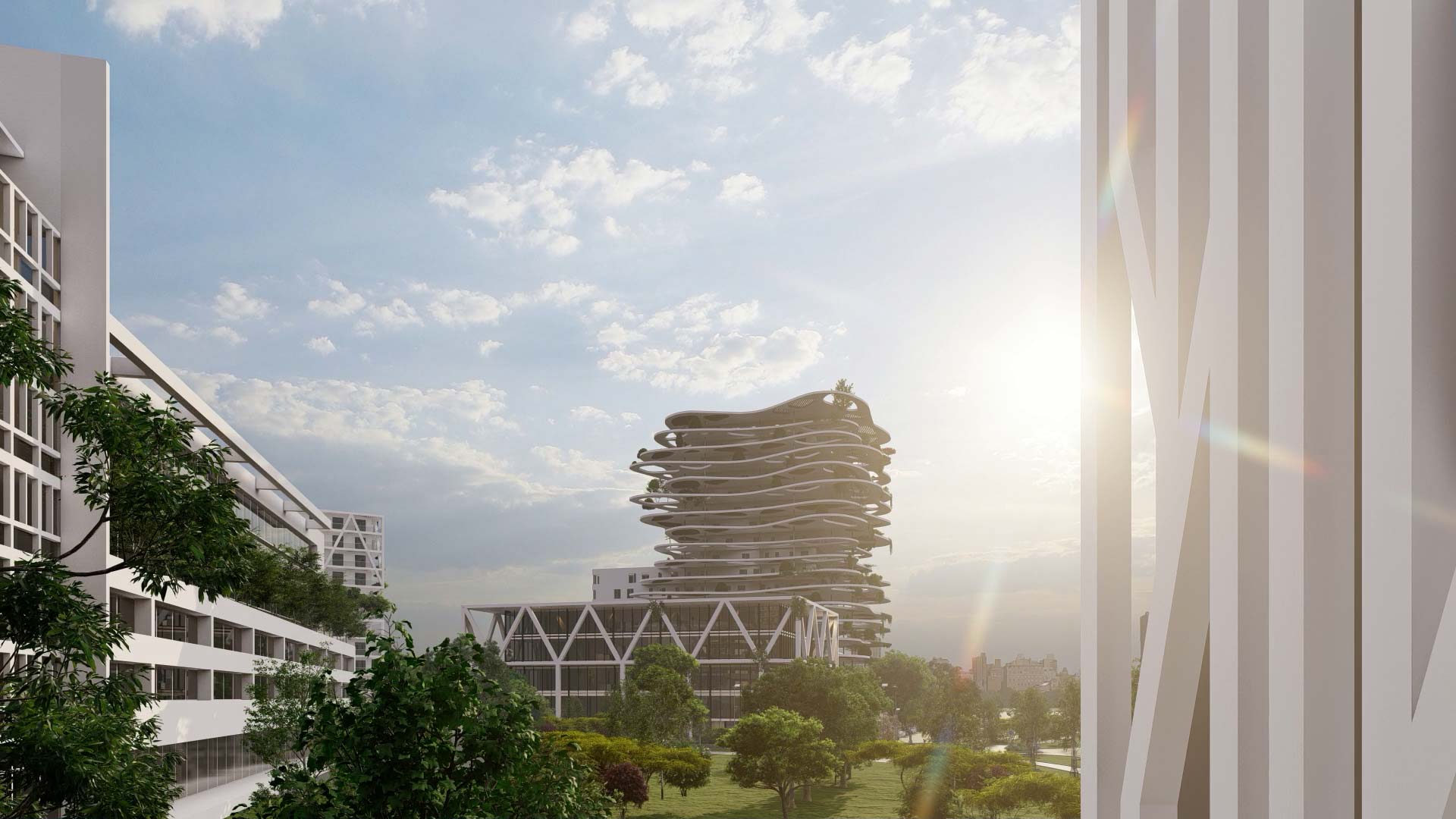 Architectes-Collectivites-projet-aménagement-urbain-perspective-3D-immeuble-ciel-soleil