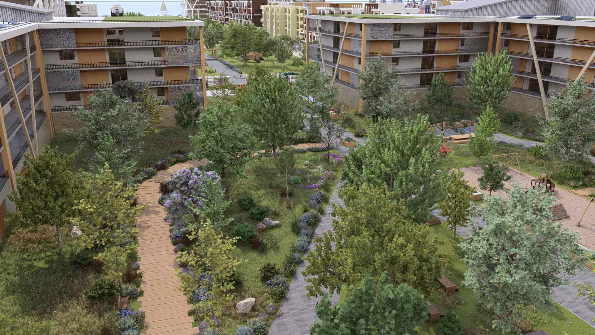 Architectes-Paysagistes-Collectivites-Perspectives-3D-Eco-Quartier-Studio-L4M-Vue-jardin